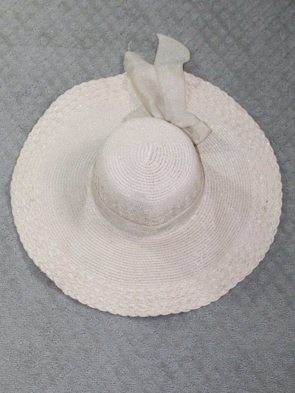 Large 20" Beige Straw Floppy Sun Hat with Burlap Bow